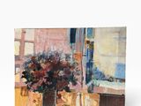 une image représentant un tableau où l'on voit un vase de fleurs devant une fenêtre