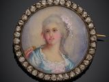 un portrait ancien représentant une femme vêtue d'une robe bleue et coiffée d'un chapeau blanc