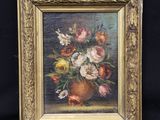 a picture of a painting of flowers in a vase on a black background