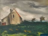 painting of a house on a hill with a cloudy sky in the background