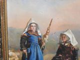 painting of two women in traditional clothing sitting in a field