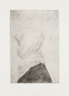 un vieux dessin représentant une femme avec un foulard sur la tête