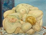 un tableau représentant une femme allongée sur un lit avec un ours en peluche
