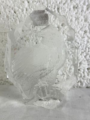 a frosty bird sitting on a table next to a wall