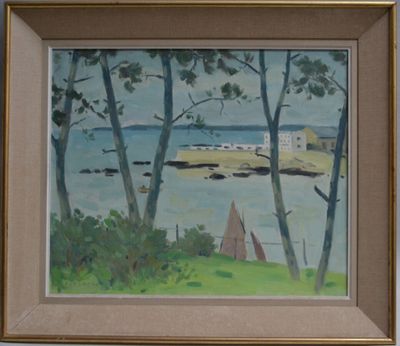 a painting of a sailboat in the water by the shore