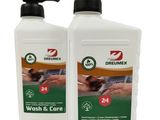 deux flacons de « Brumex Wash and Care » sur fond blanc