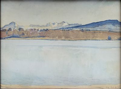 une image représentant un tableau d'un lac avec des montagnes en arrière-plan