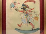 tableau représentant un homme sur un cheval à bascule, avec un oiseau sur l'épaule