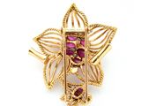 a close up of a gold broochle with a flower design
