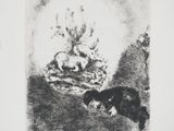 a black and white drawing of a dog laying in front of a fire