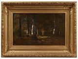 a painting of a wooded scene with trees in the foreground
