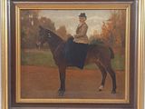painting of a woman riding a horse on a dirt road