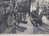 a black and white drawing of boats on the water