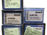 four boxes of jouett labels are stacked on top of each other