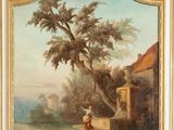 an image of a painting of a man sitting on a ledge by a tree
