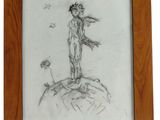 dessin représentant un homme debout au sommet d'une colline, une fleur à la main