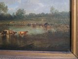a picture of a painting of cows in a field