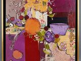 painting of a vase of flowers and fruit on a table