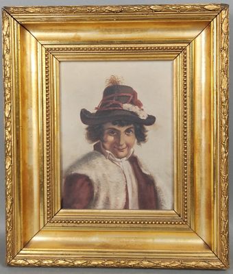 tableau représentant une femme coiffée d'un chapeau rouge et vêtue d'un manteau de fourrure