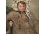 a painting of a child wearing a bonnet and sitting in a chair