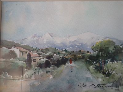 une aquarelle représentant une route avec une montagne en arrière-plan