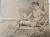 a drawing of a man sitting on a bench