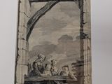 an old drawing of a group of people sitting at a table