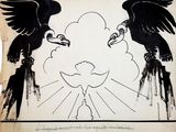 drawing of two vultures facing each other with a sun in the background