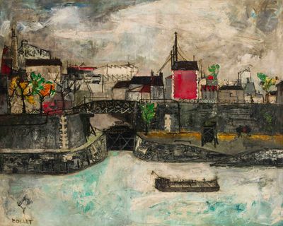 un tableau représentant une ville au bord de l'eau avec des bateaux