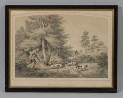 une image représentant un tableau sur lequel figurent un homme et un chien dans un environnement boisé