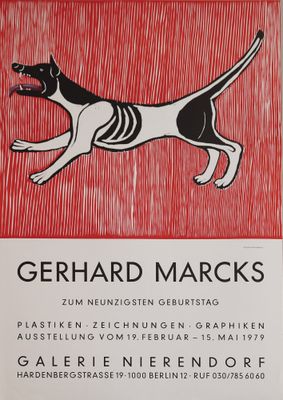 affiche représentant un chien noir et blanc en train de courir sur un fond rouge
