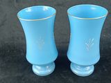 pair of blue vases with gold rims on a black background