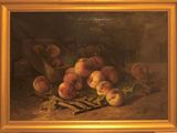 painting of peaches on a table in a gold frame