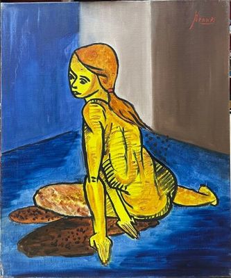 a painting of a woman sitting on the ground