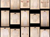 several photographs of a white dress and a white shirt on a hanger