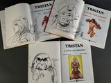four books with drawings of a woman on them sitting on a table