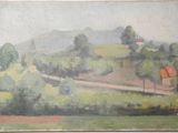 an oil painting of a landscape with a red roofed house in the distance