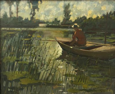 un tableau représentant un homme assis dans un bateau sur l'eau