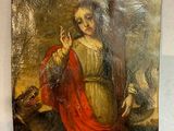 a picture of a painting of a woman with a dog on the wall