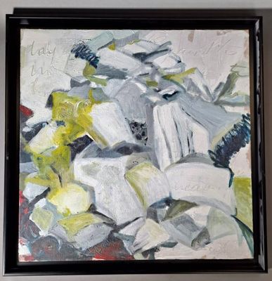 a painting of a bunch of flowers in a black frame