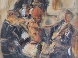 an oil painting of a man playing a musical instrument in a room