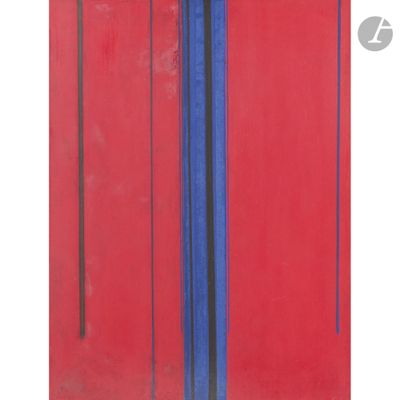 an image of a painting of red and blue lines on a red background
