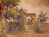 an oil painting of a garden scene with a gate and trees