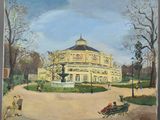 painting of a large yellow building with a fountain in the middle of a park