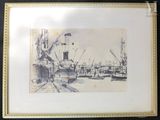 drawing of a harbor scene with boats in the water