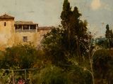 painting of a house in a garden with trees and flowers