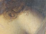 painting of a woman ' s face in a frame with a window in the background
