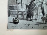 a drawing of a woman sitting in a chair next to a cat