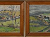 deux tableaux représentant un paysage rural avec une route et des maisons