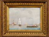 l'image d'une peinture représentant un bateau dans un plan d'eau
